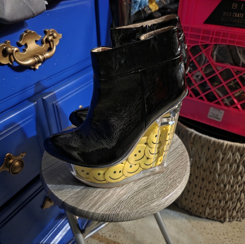 JEFFREY CAMPBELL ICY Black PATENT Ankle Boots with Clear Smiley Heel